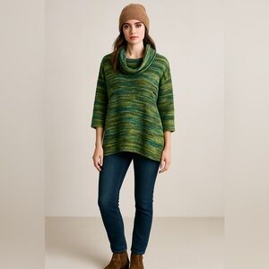 John Paul Richard Cowl Neck Knit Sweater L Green Blue Stripe